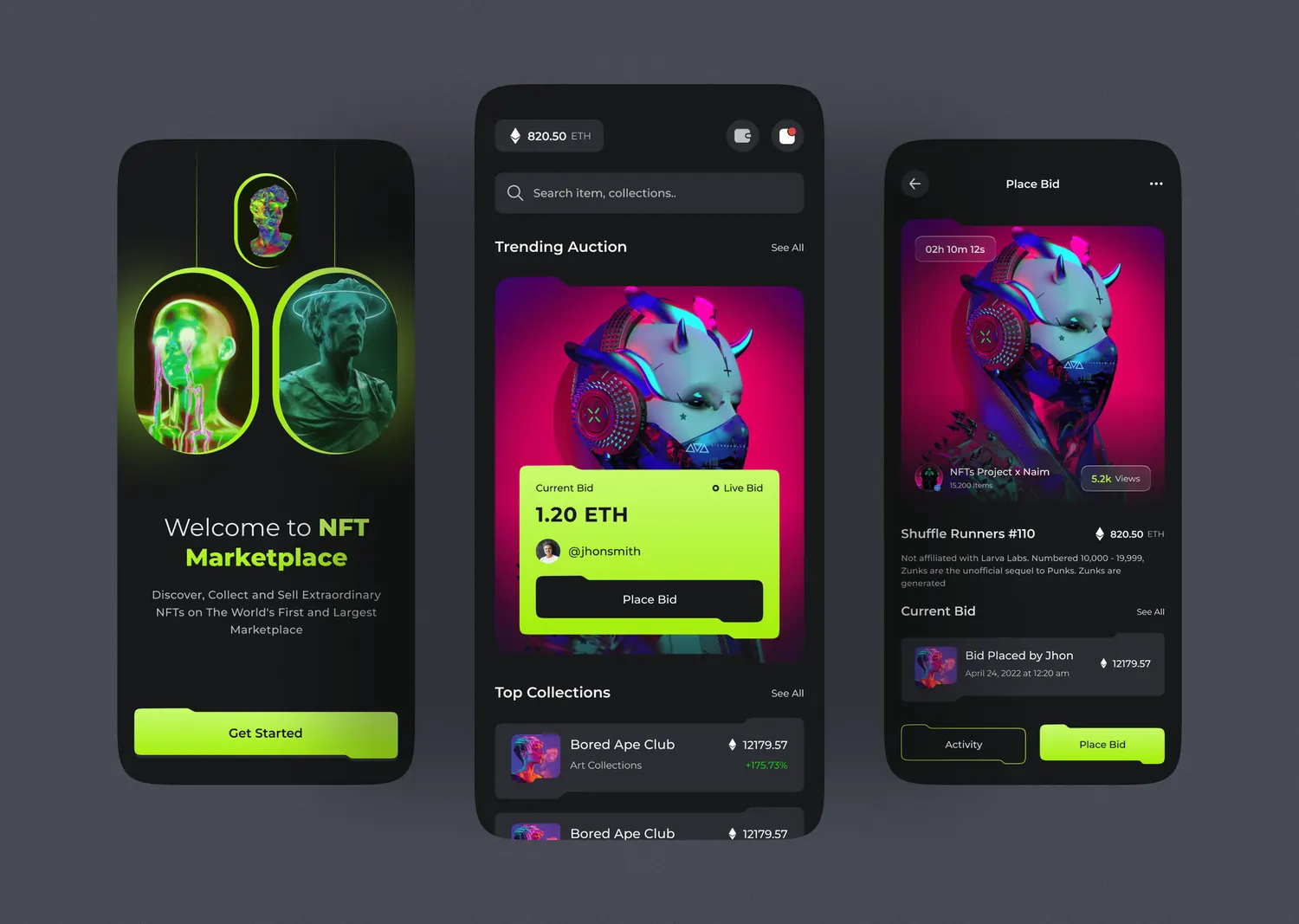 NFT Marketplace App — Концепт мобільного продукту · Маркетплейс і живі торги