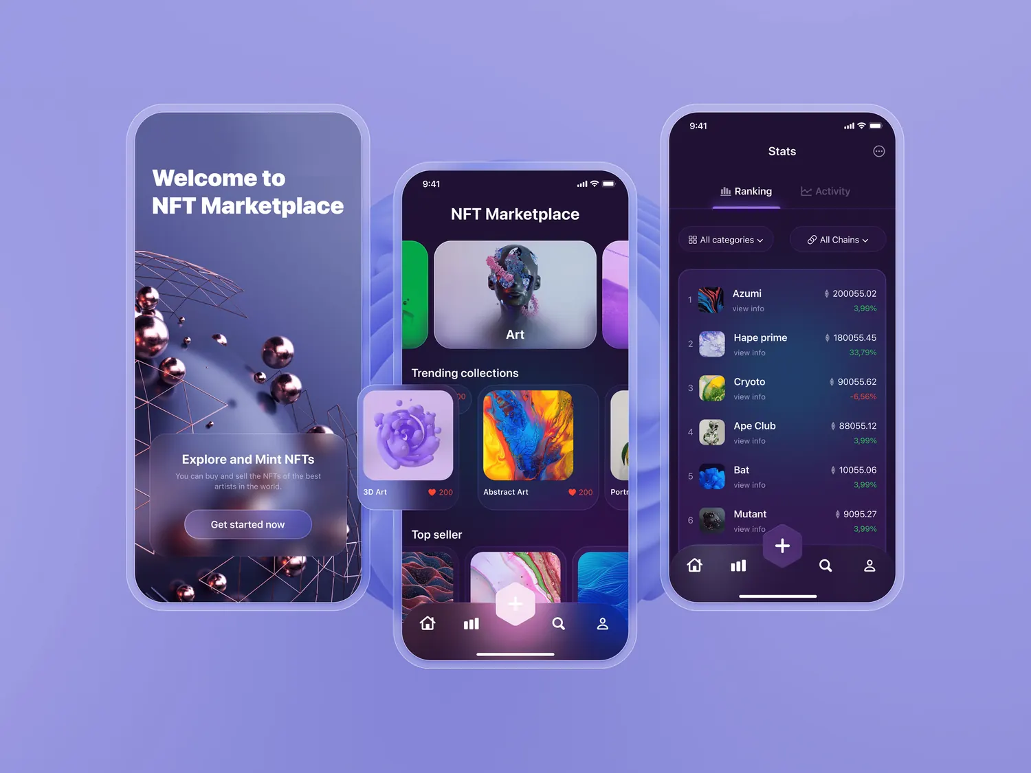 NFT Marketplace App — Напрямок пошуку — фільтри за категорією та мережею, трендові колекції, топ продавців і рейтинг зі зміною ціни