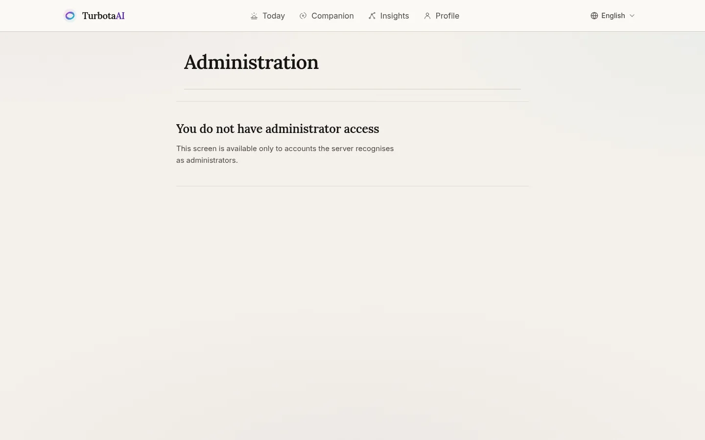 TurbotaAI — Role-based access — the admin area refuses accounts the server does not recognise as administrators