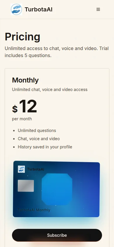 TurbotaAI — Mobile pricing at 390px