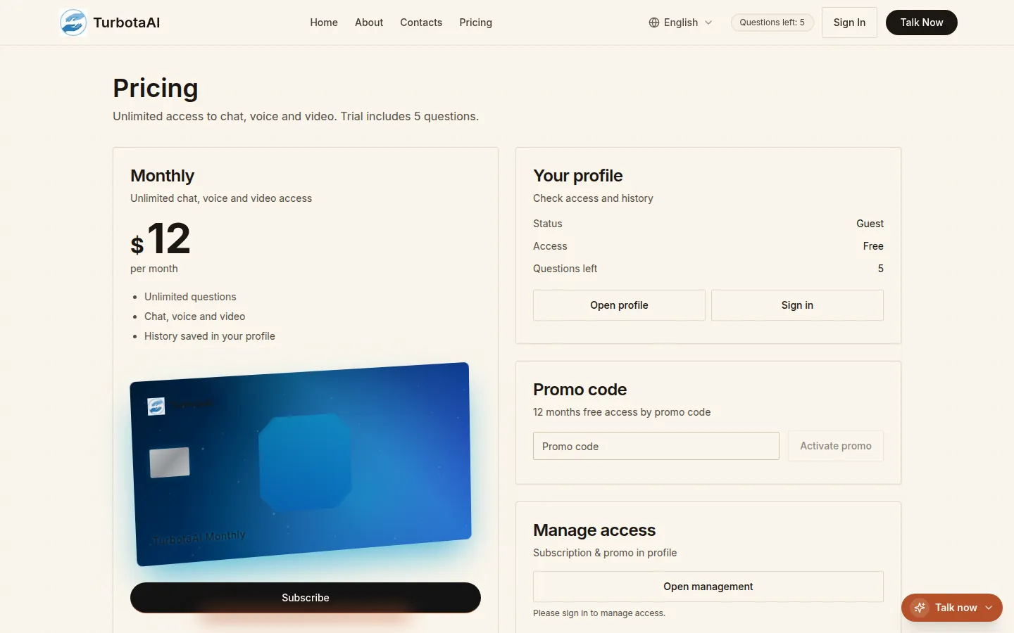 TurbotaAI — Pricing — monthly plan, trial allowance, promo redemption and access management in one place