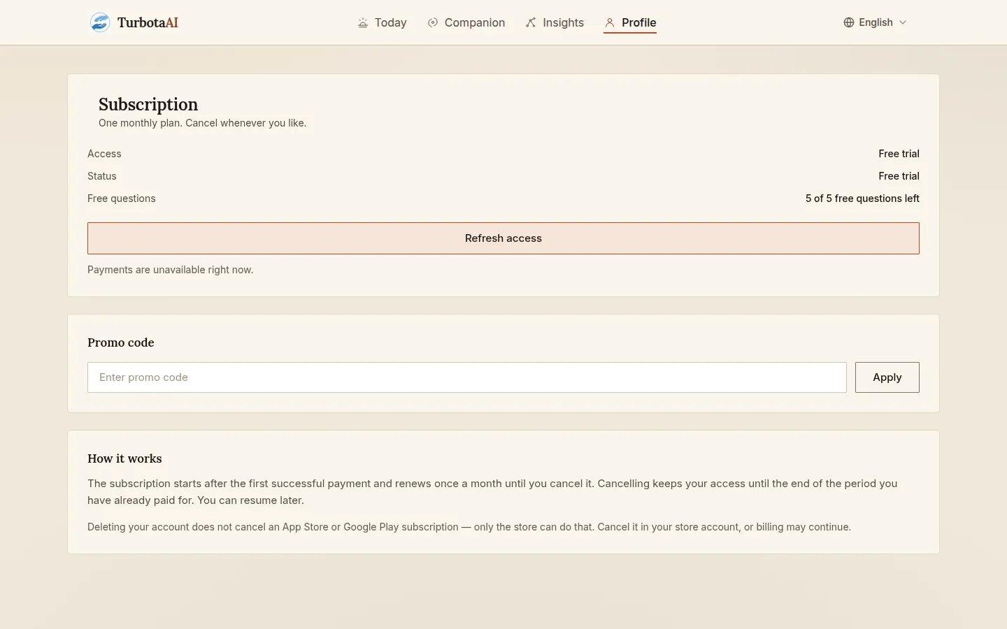 TurbotaAI — Subscription — plan status, renewal and cancellation rules, stated plainly to the customer